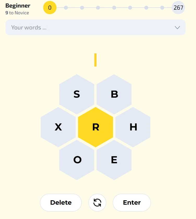 Spelling Bee Unlimited step 1 - Form your first word using the 7-letter honeycomb